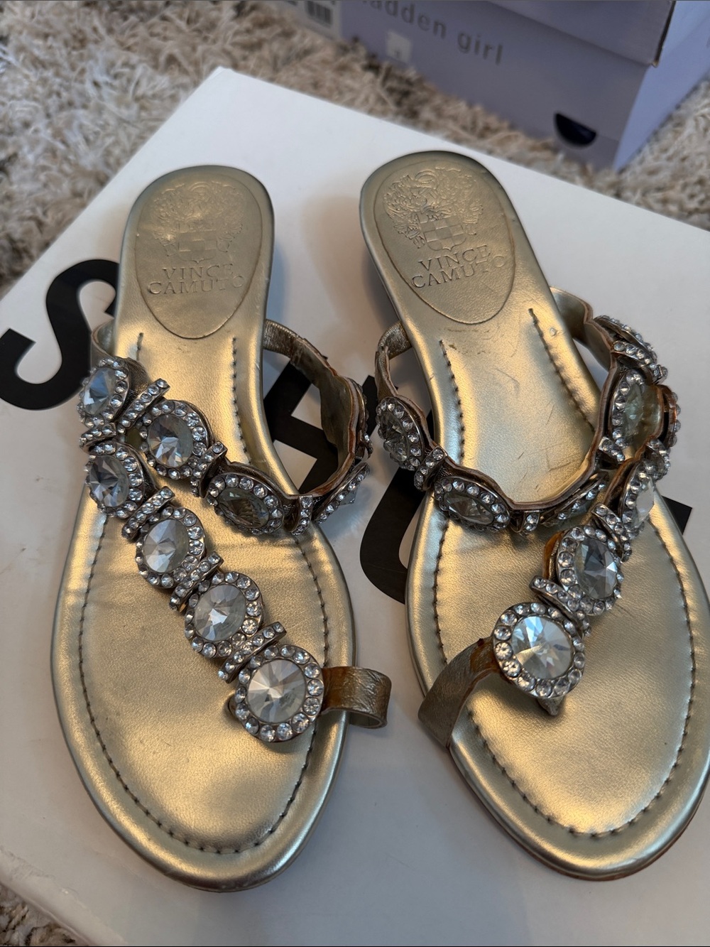 Vince Camuto Metallic Gold Jeweled T-Strap Sandals